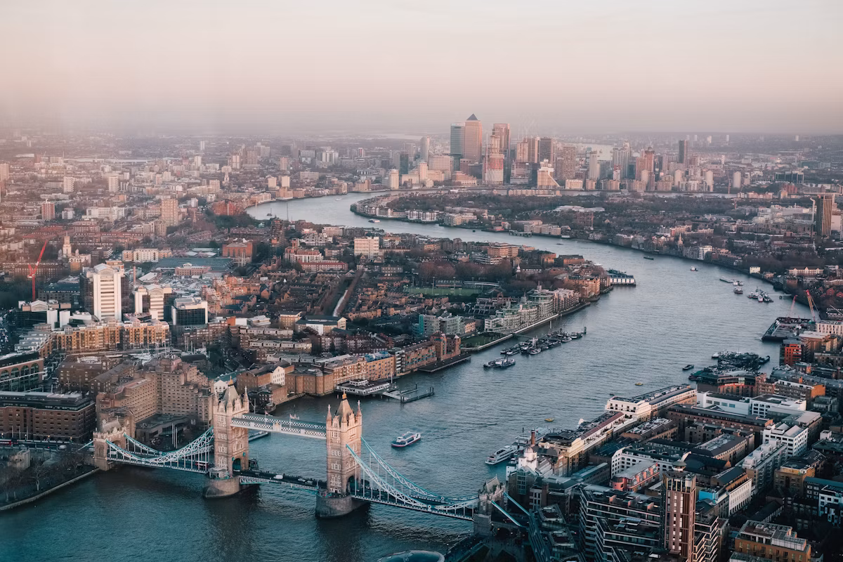 The Thames from above, Tower Bridge in the foreground.
